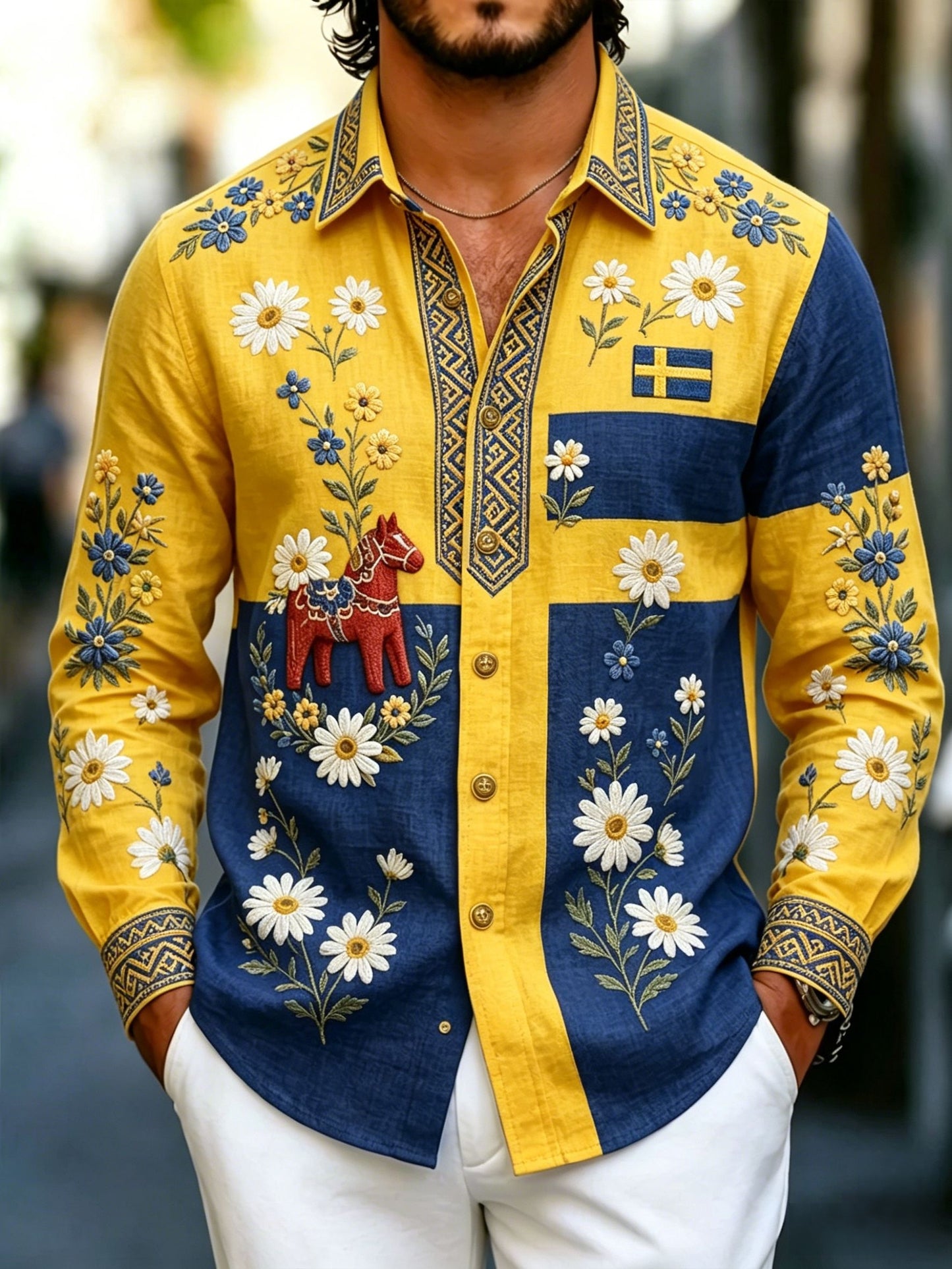 Men's retro Swedish National Day Midsummer folkloric floral cotton-linen shirt