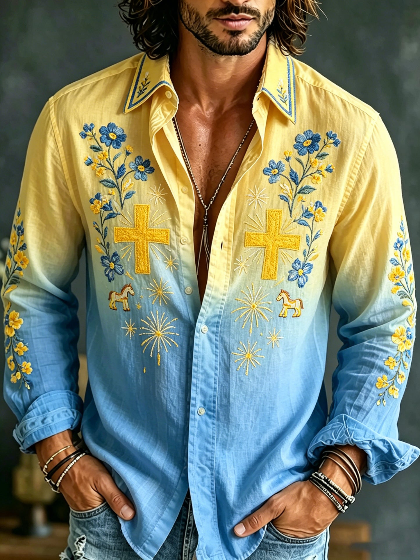 Men's long-sleeved artistic print top commemorating Sweden's National Day