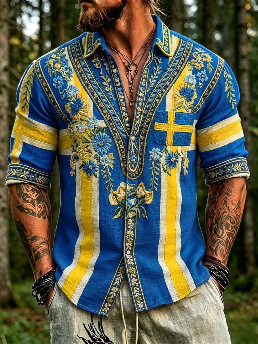 Men's Retro Swedish National Day Midsummer Folkloric Floral Cotton-Linen Shirt