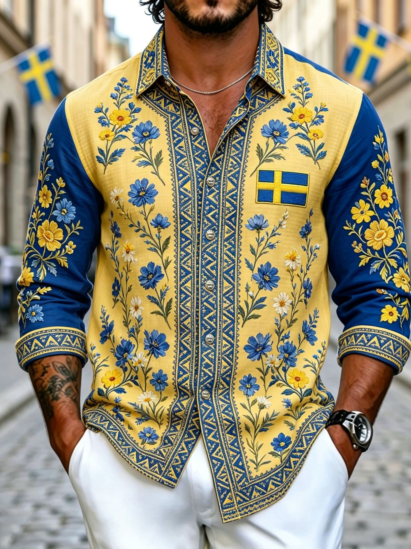 Men's retro Swedish National Day Midsummer folkloric floral cotton-linen shirt