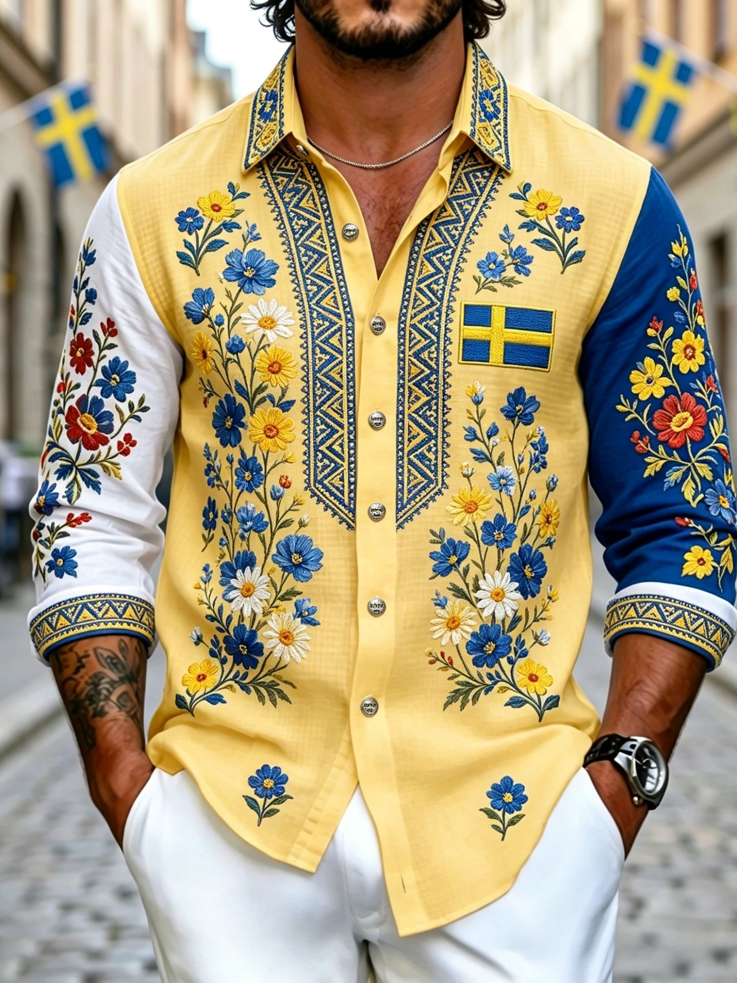Men's retro Swedish National Day Midsummer folkloric floral long-sleeved shirt