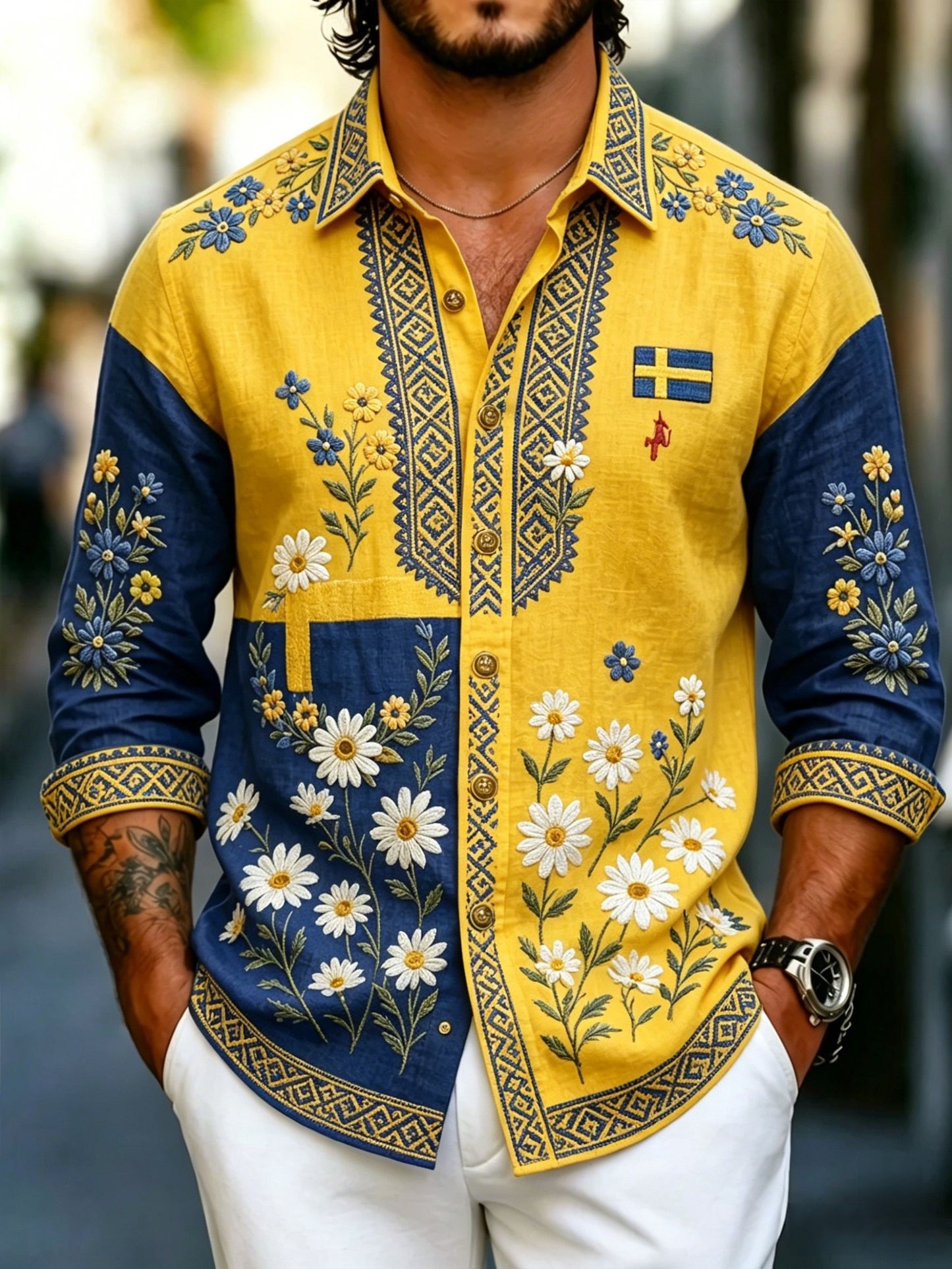 Herrretro svensk nationaldag midsommar folkloristisk blommig skjorta i bomull-linne