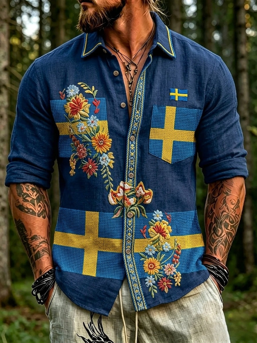 Men's retro Swedish National Day Midsummer folkloric floral long-sleeved shirt