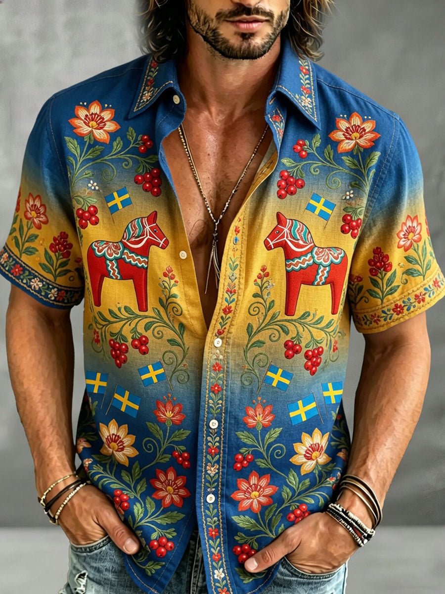 Herrretro svensk dalahäst blommig broderi konsttryck ledig skjorta T-shirt