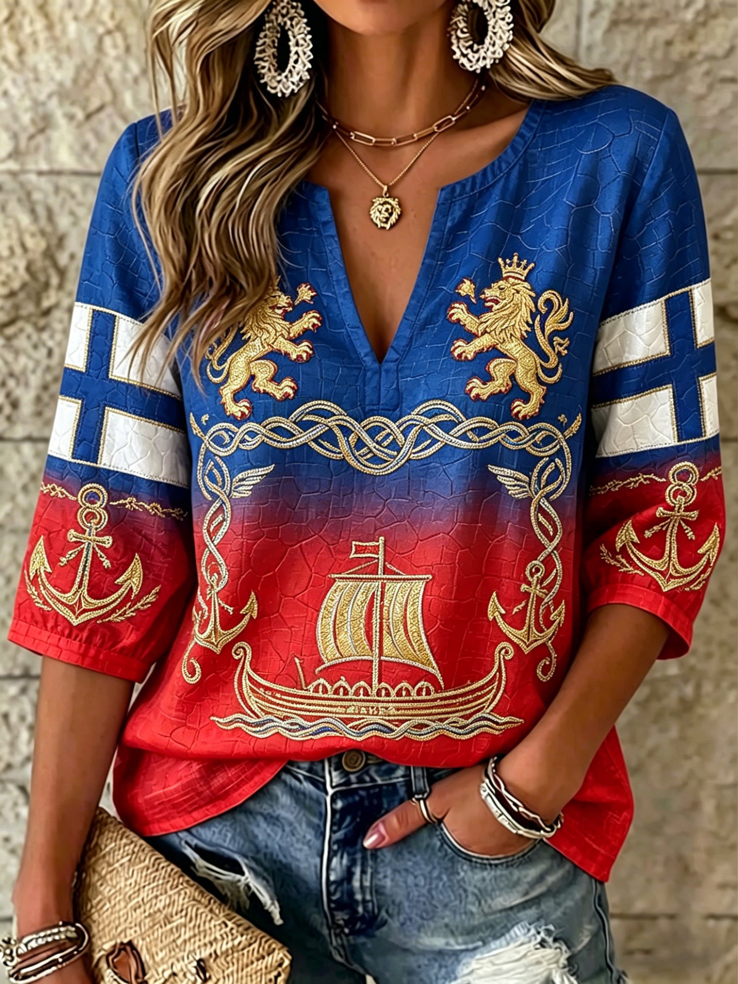 Women's Norway Football Match Cheer Art Print V-Neck Top
