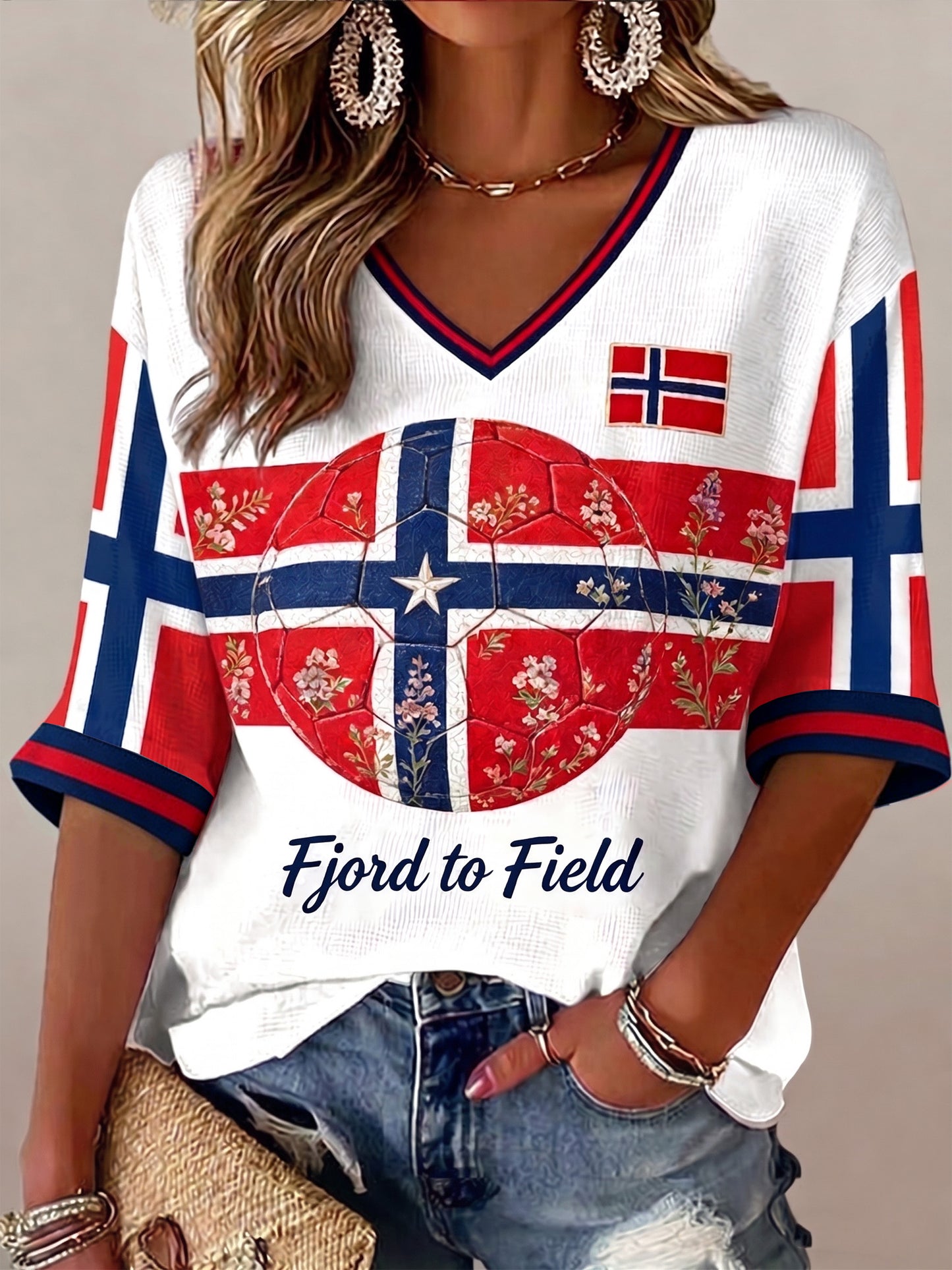 Women's Norway Football Match Cheerleaders Fan Art Print V-Neck Top