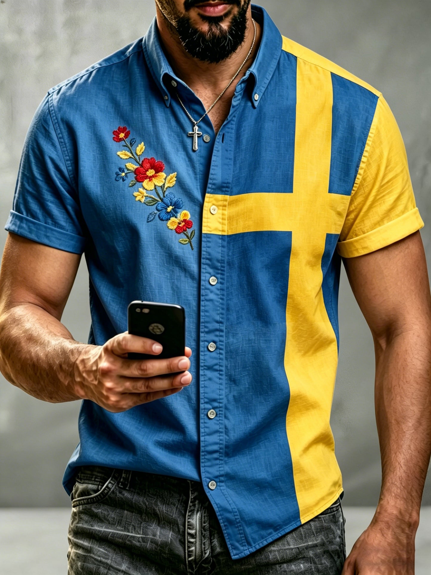 Men's short-sleeved top with an art print celebrating the Swedish Midsummer festival