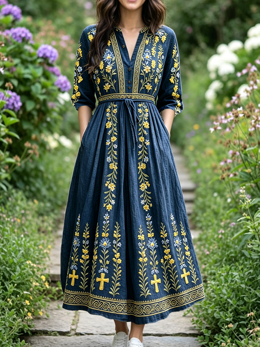 Women's dark blue casual V-neck dress with Swedish floral pattern