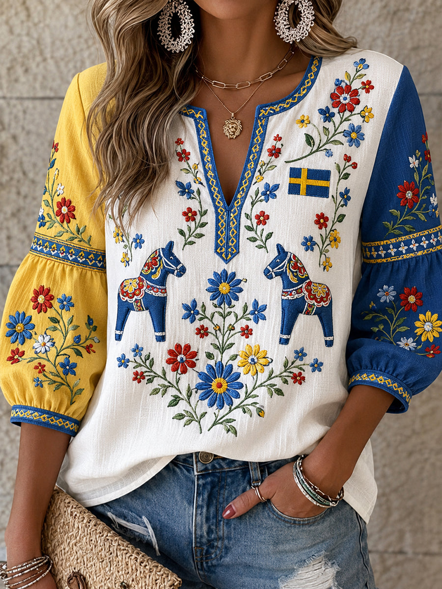 Kvinnor Retro Svenska Dala Häst Broderad blomsterkonst Skriv ut Casual Topp