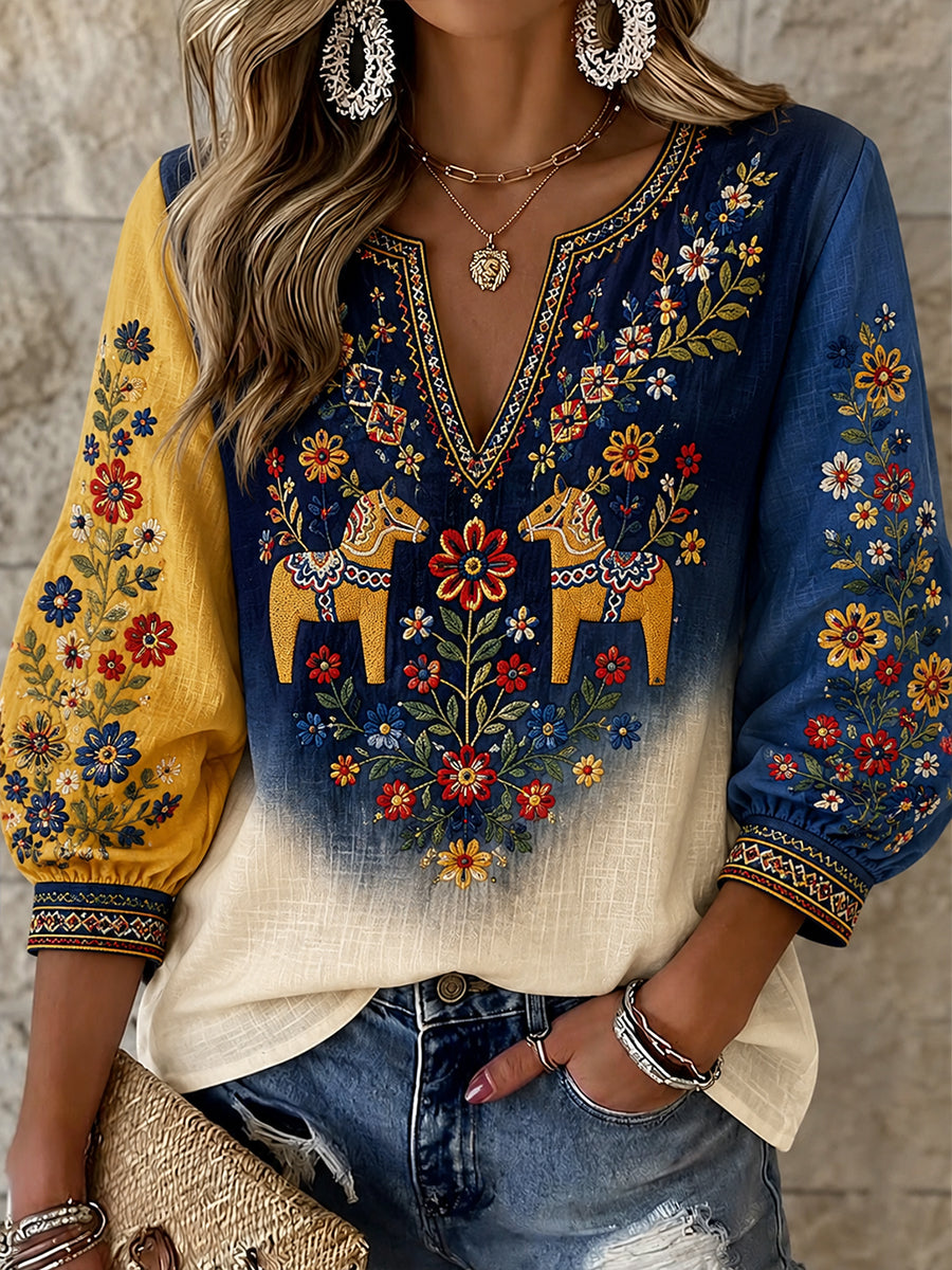 Women's Retro Style Swedish Dala Horse Embroidered Floral Art Printed Casual Top