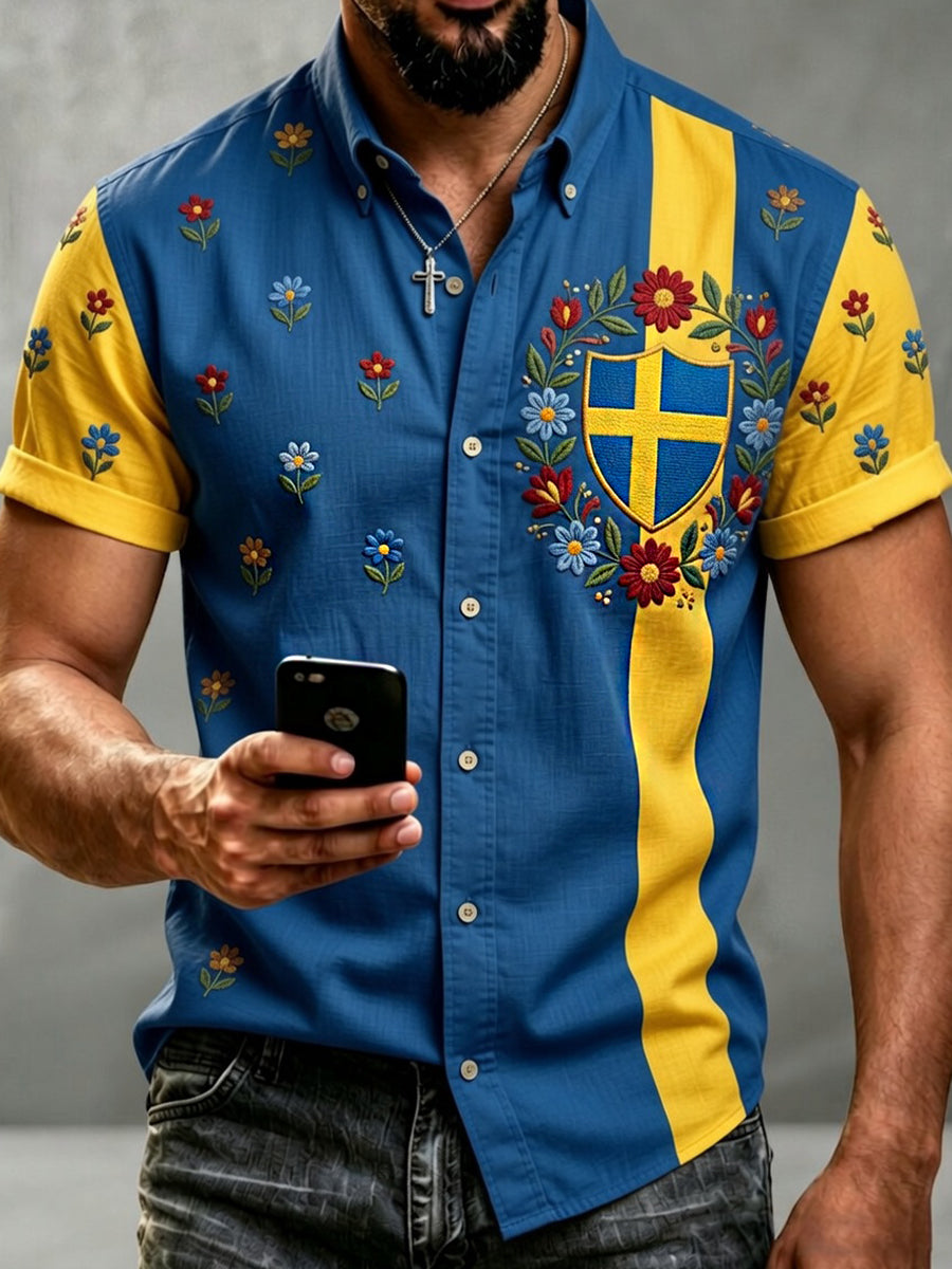 Herr Retro Svenska Dala Häst Broderad blommiga konst Print Casual skjjorta