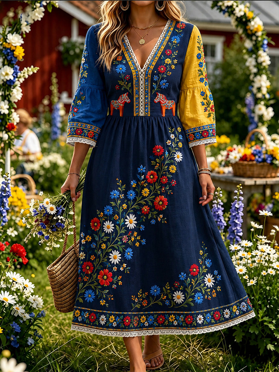 Kvinnors Vintage Svenska Dala Häst Broderad Floral Art Print Casual Klänning