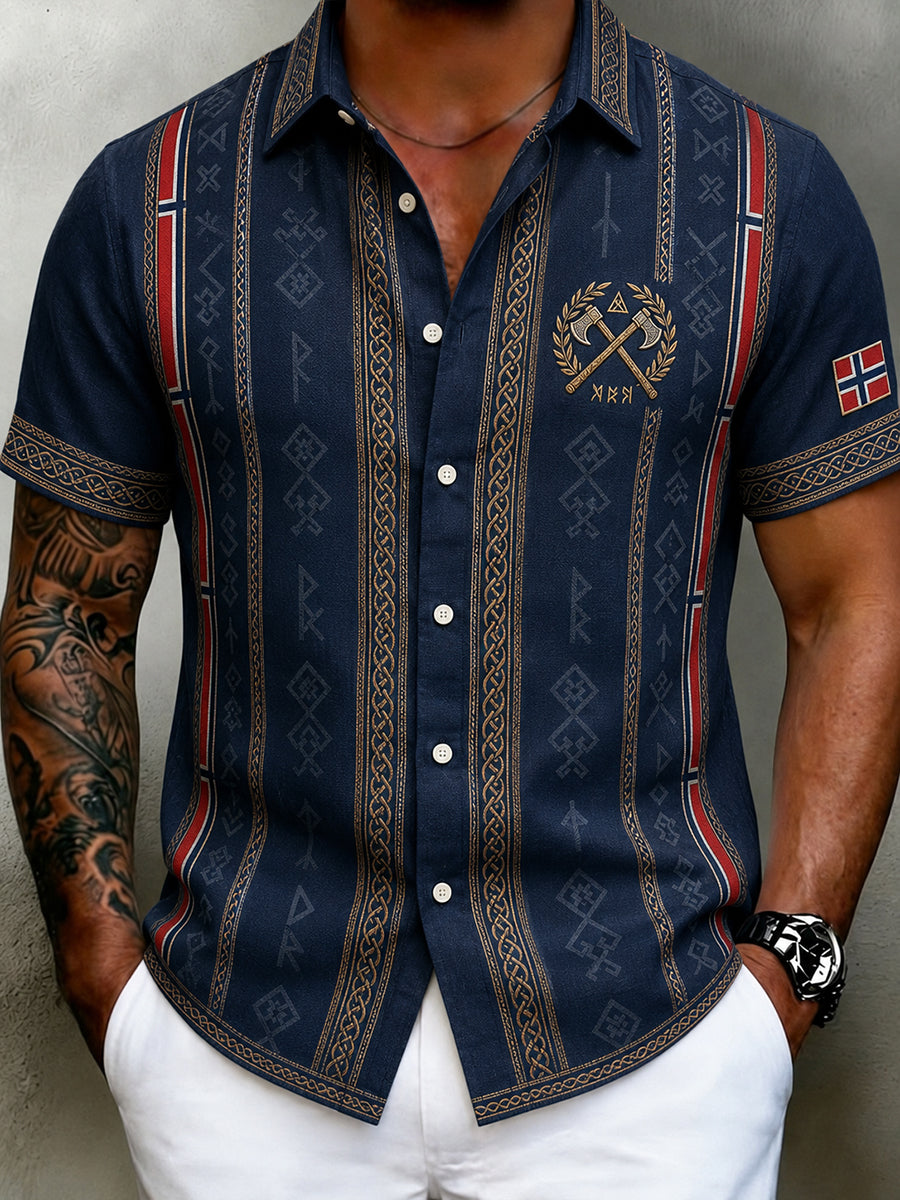 Men's retro Nordic style cultural blouse with Norwegian art print, made of cotton and linen