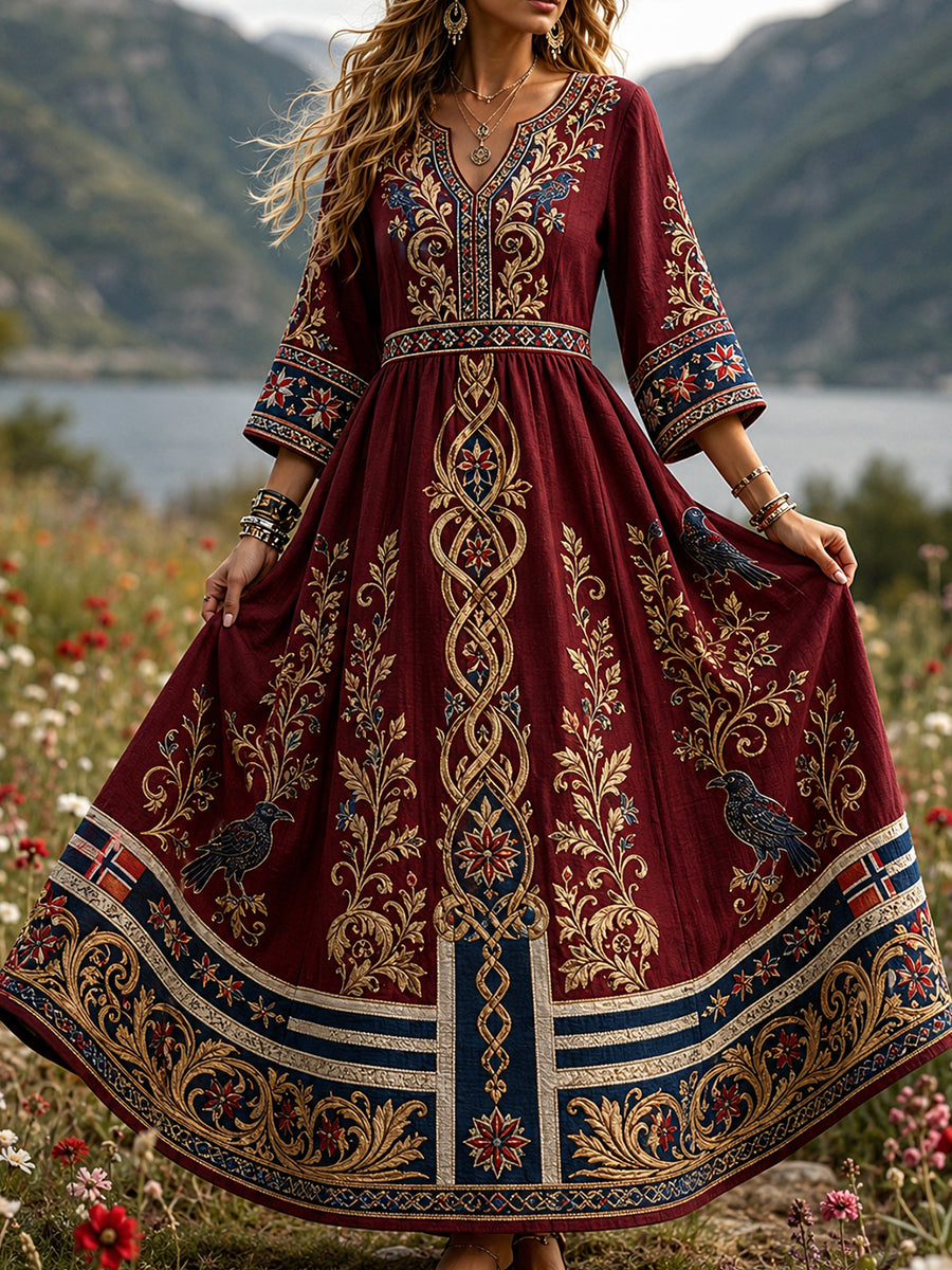 Women's dress in retro Scandinavian style made of cotton-linen with Norwegian art print