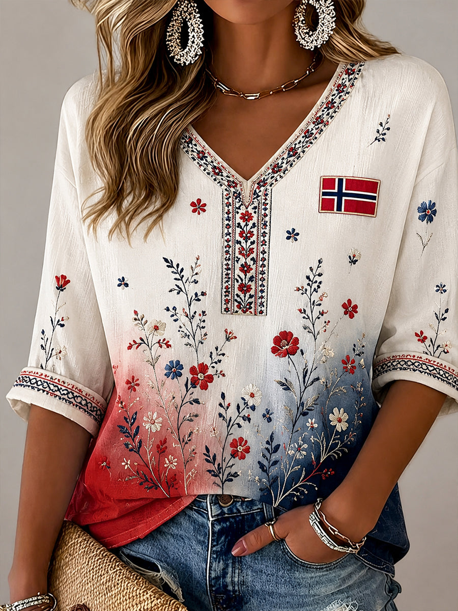 Women's Retro Nordic Style Norwegian Art Print Casual Cotton and Linen Comfortable Top