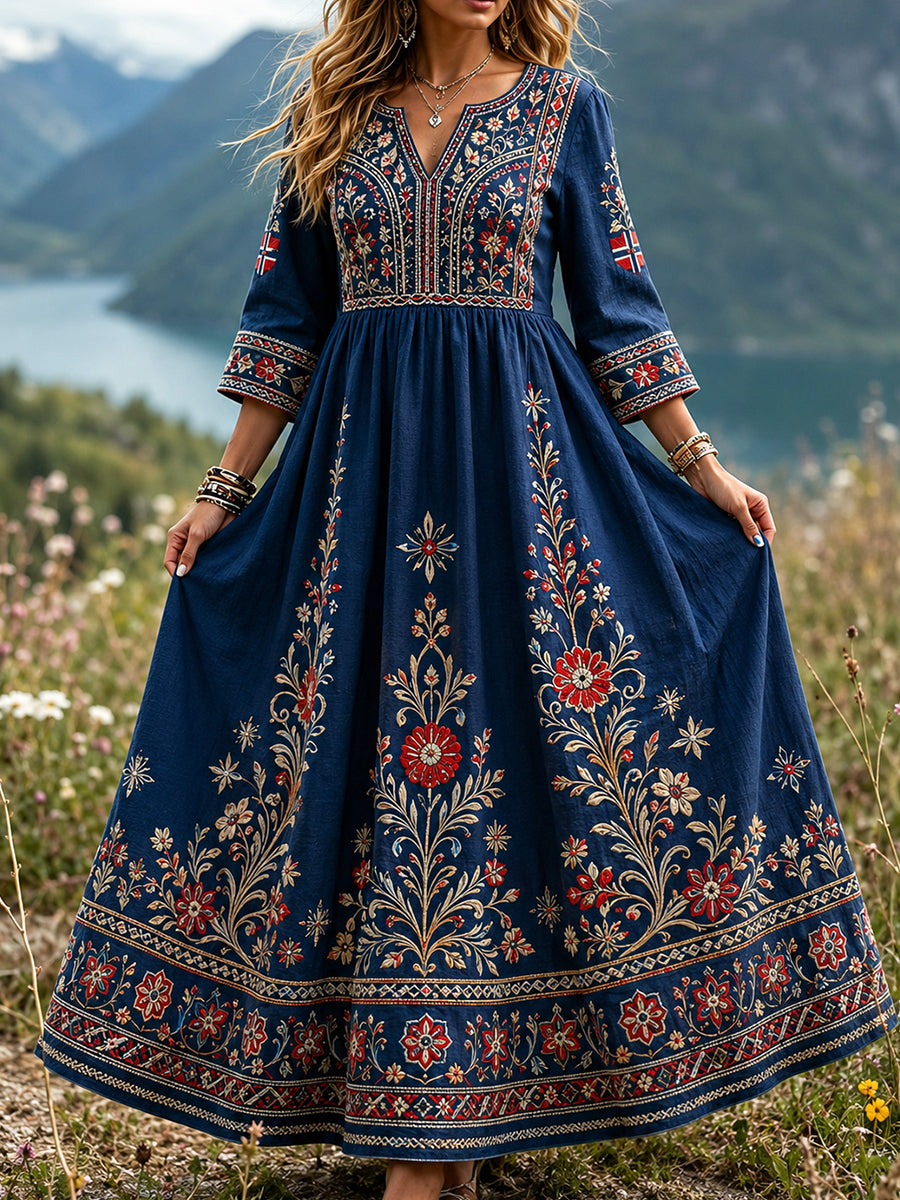 Women's dress in retro Scandinavian style made of cotton-linen with Norwegian art print