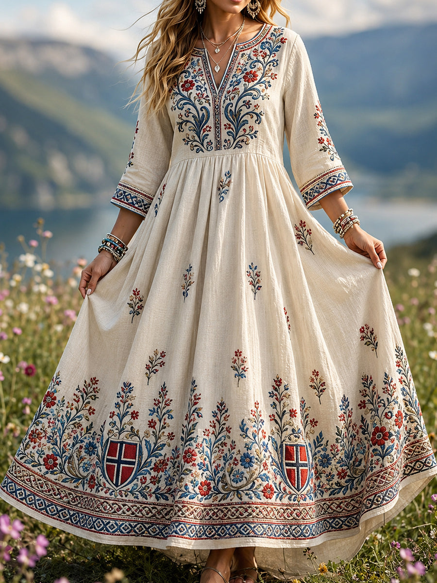 Women's dress in retro Scandinavian style made of cotton-linen with Norwegian art print