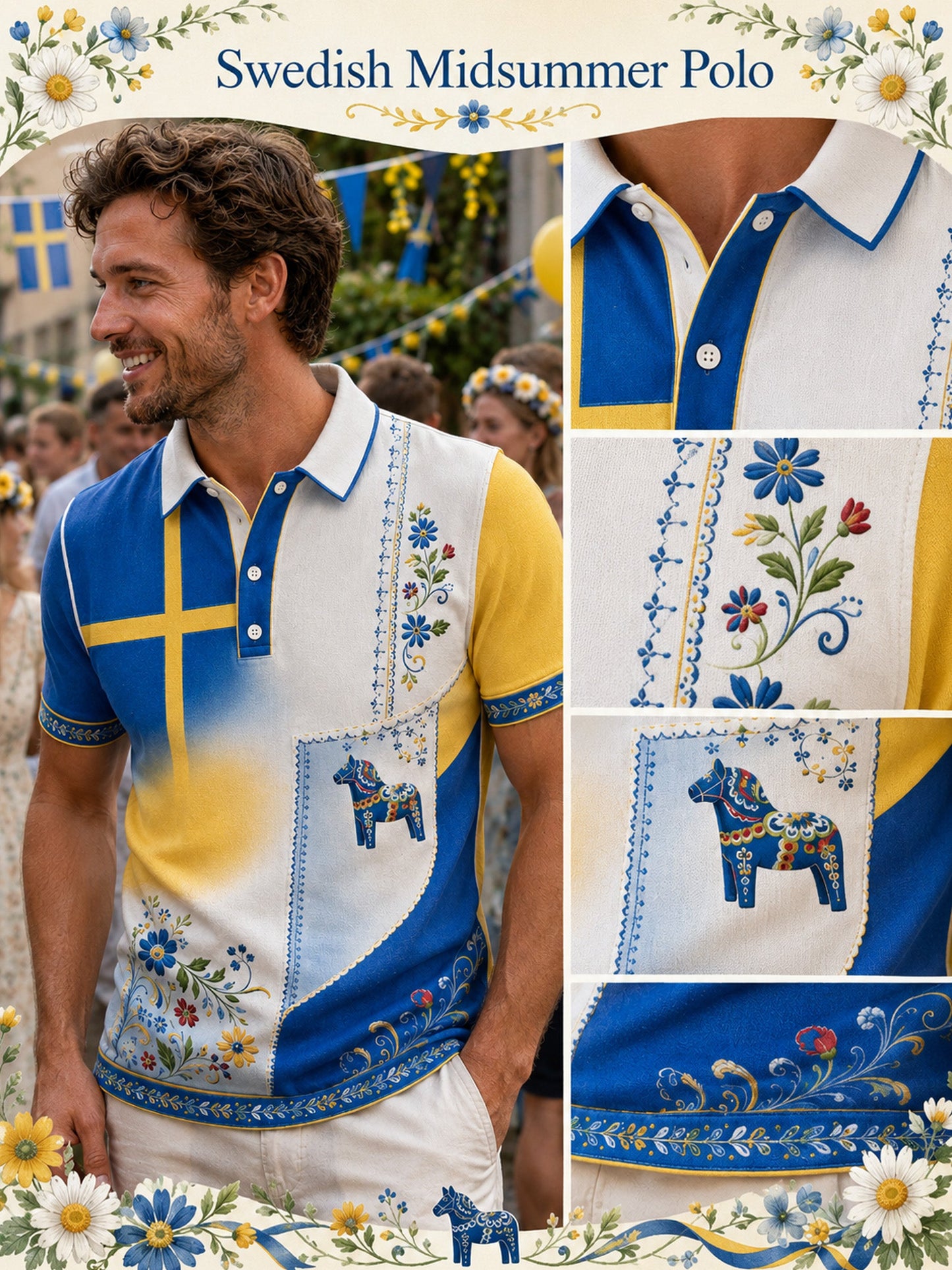 Men's polo shirt with art print commemorating Swedish holidays and festivals, short-sleeved