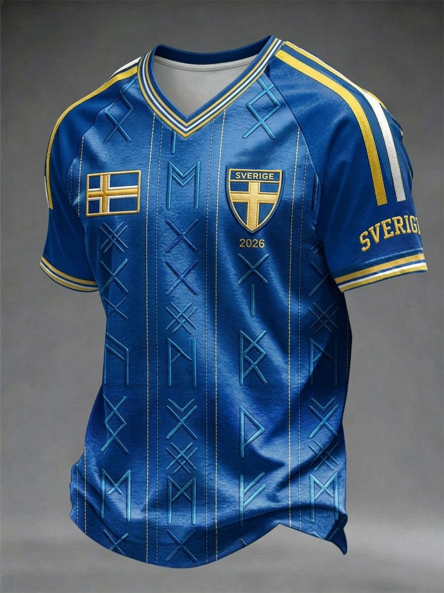 Svensk fotboll T-shirt med V-ringning och korta ärmarna för män