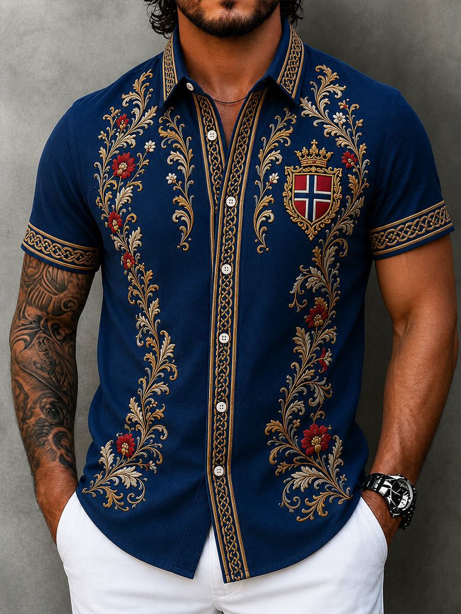 Men's retro Nordic style cultural blouse with Norwegian art print, made of cotton and linen
