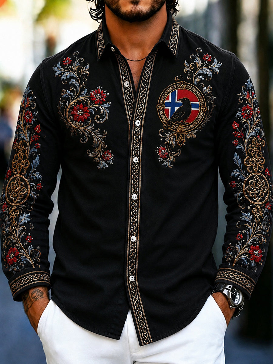 Men's retro Nordic style cultural blouse with Norwegian art print, made of cotton and linen