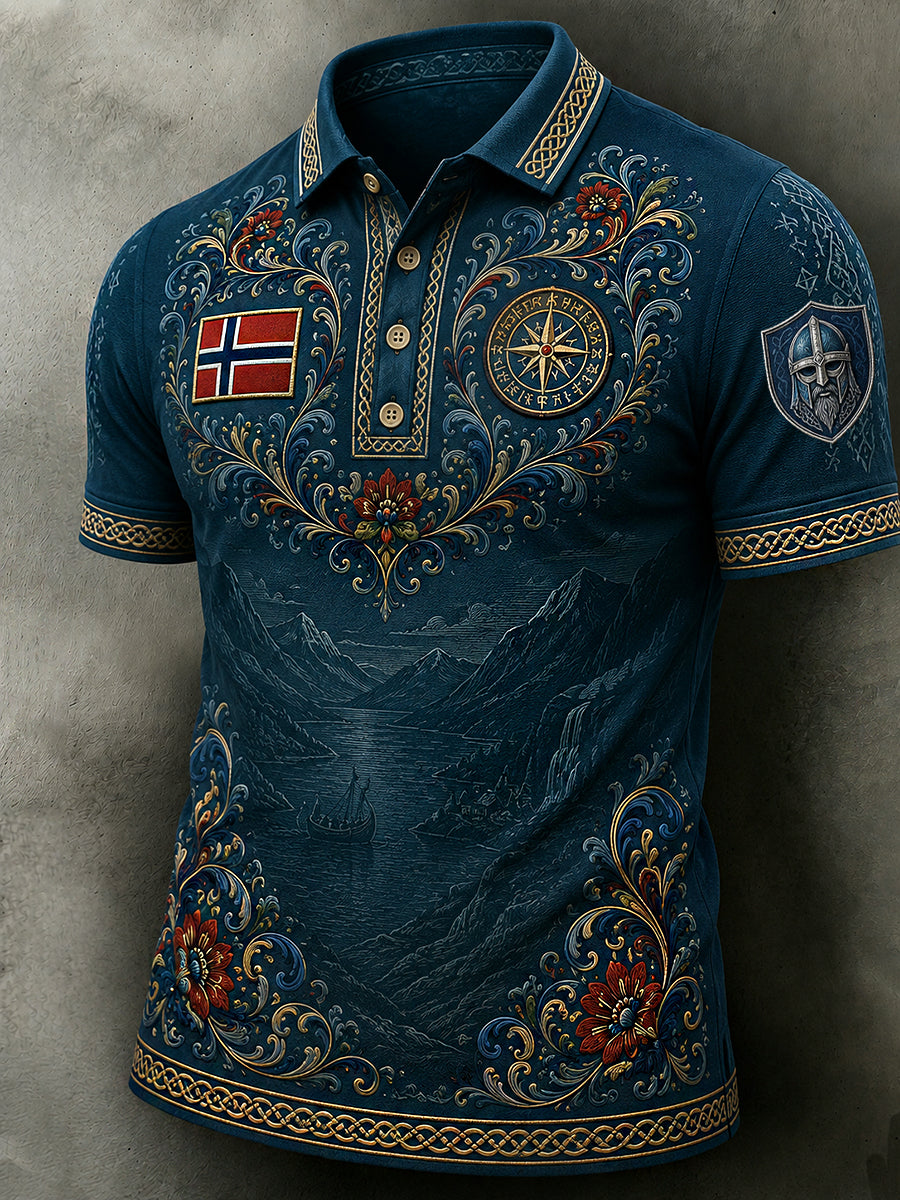 Men's Retro Nordic Style Norwegian Art Print Casual Polo Shirt