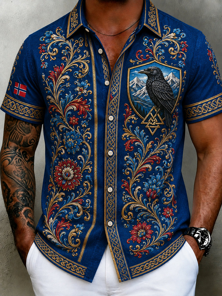 Men's retro Nordic style cultural blouse with Norwegian art print, made of cotton and linen