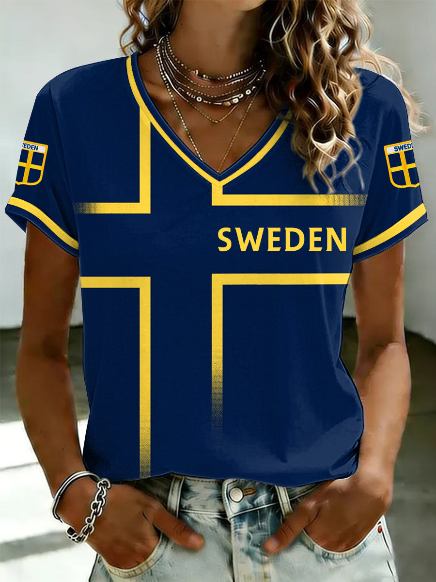 Women's Swedish football jersey with printed V-neck