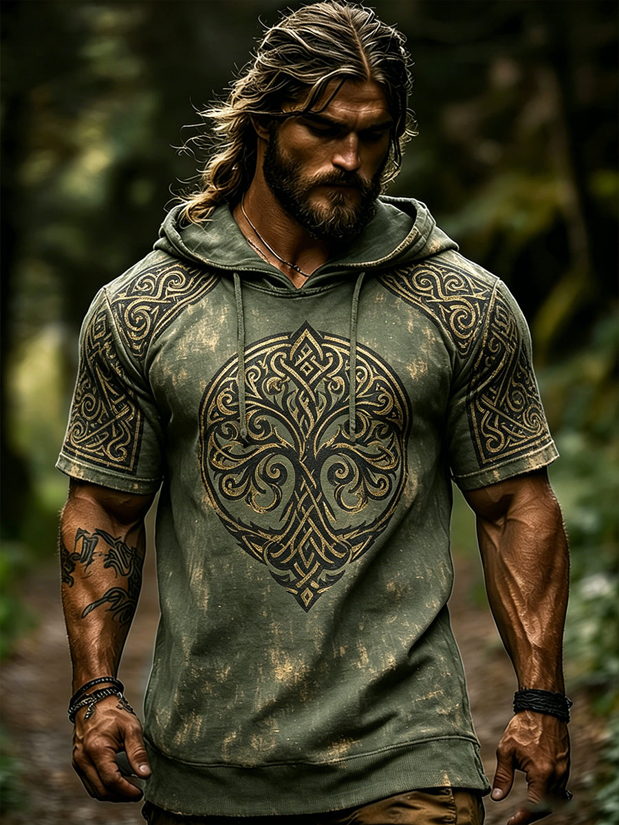Delightful Retro Viking Themed Printed Casual Short-Sleeved Hoodie