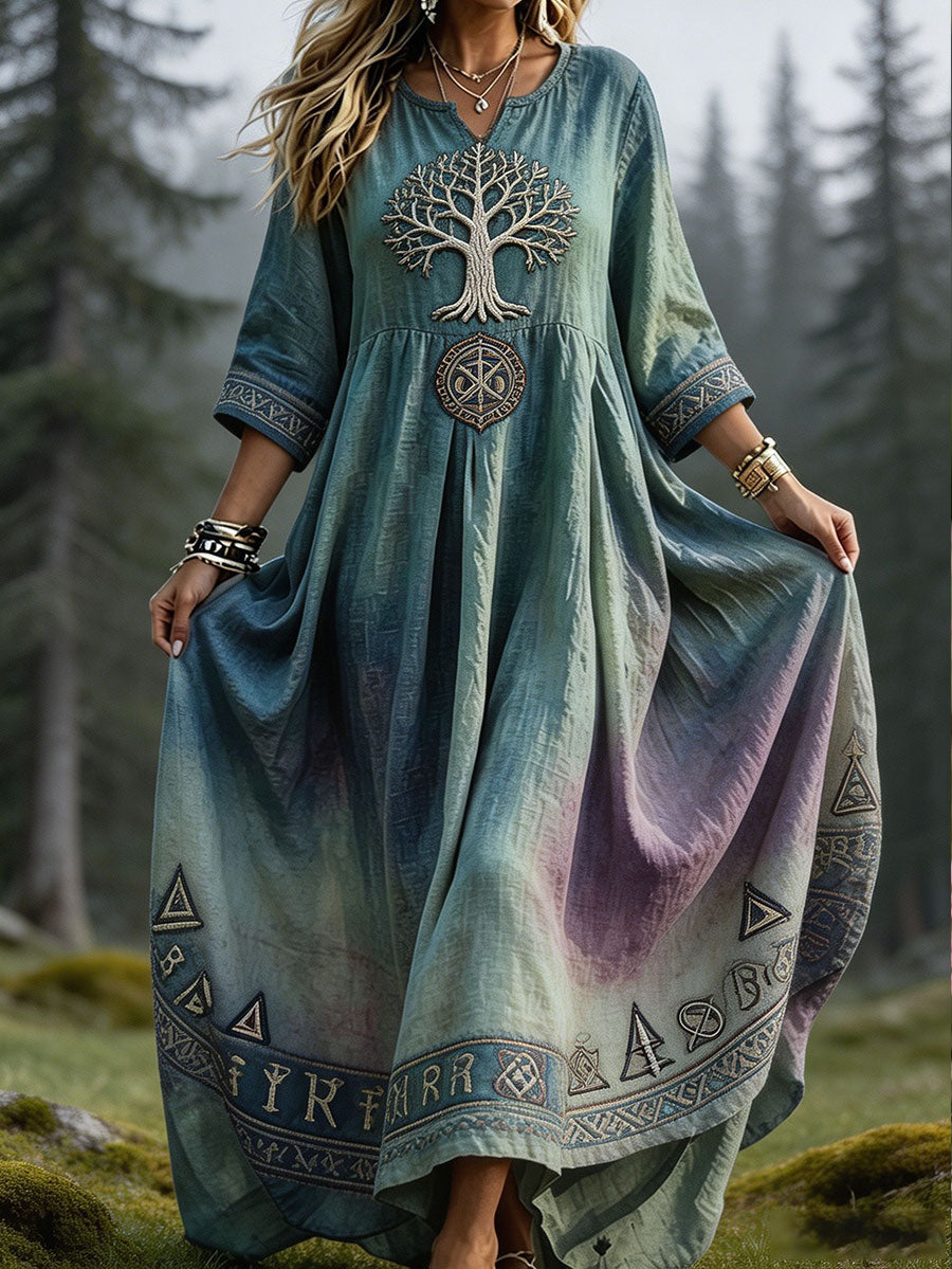 Women's Viking style dress with Nordic motif printed on linen