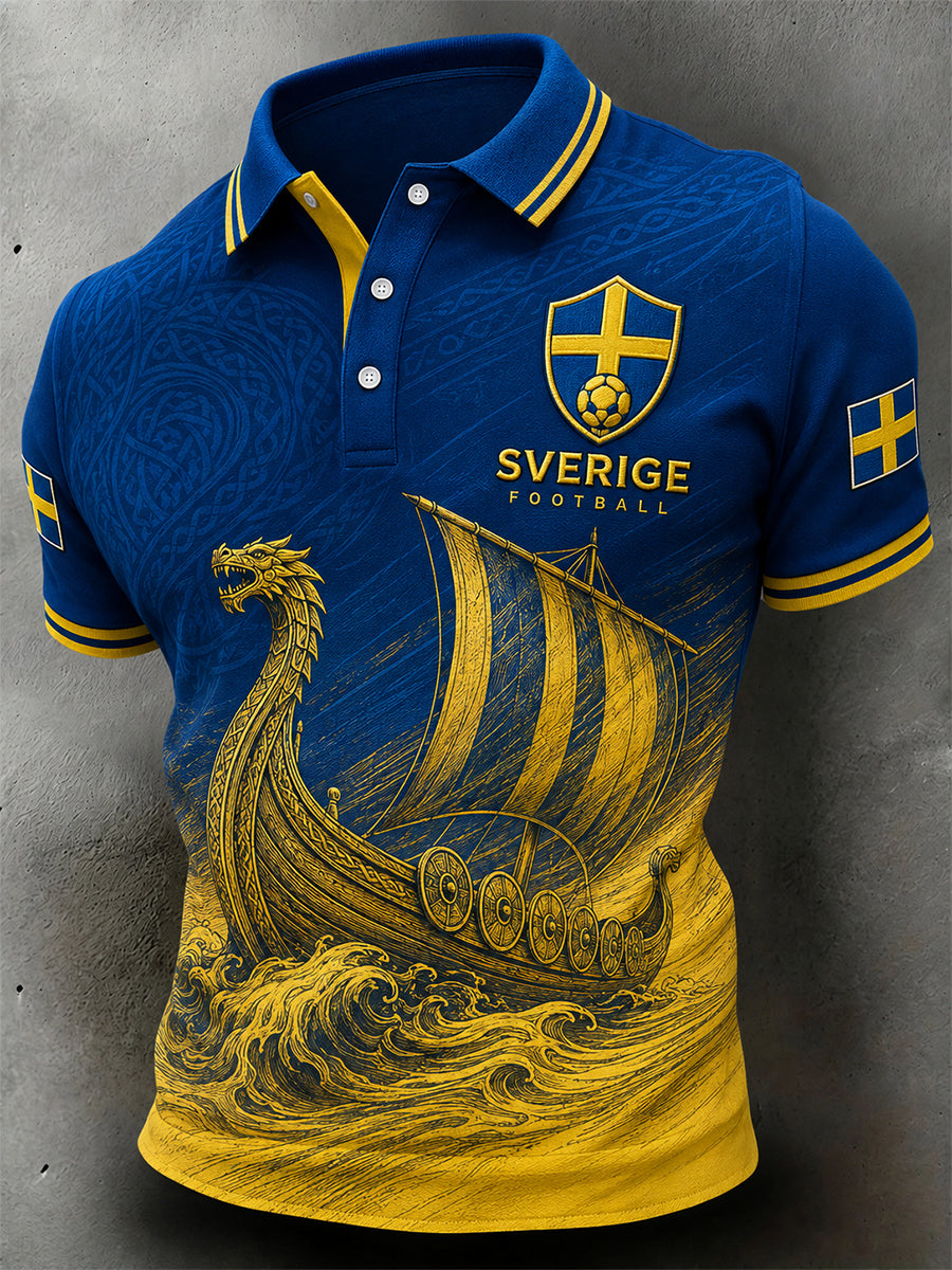 Vintage-tryckt polo med fotbollstema för svenska fans – avslappnad stil för män