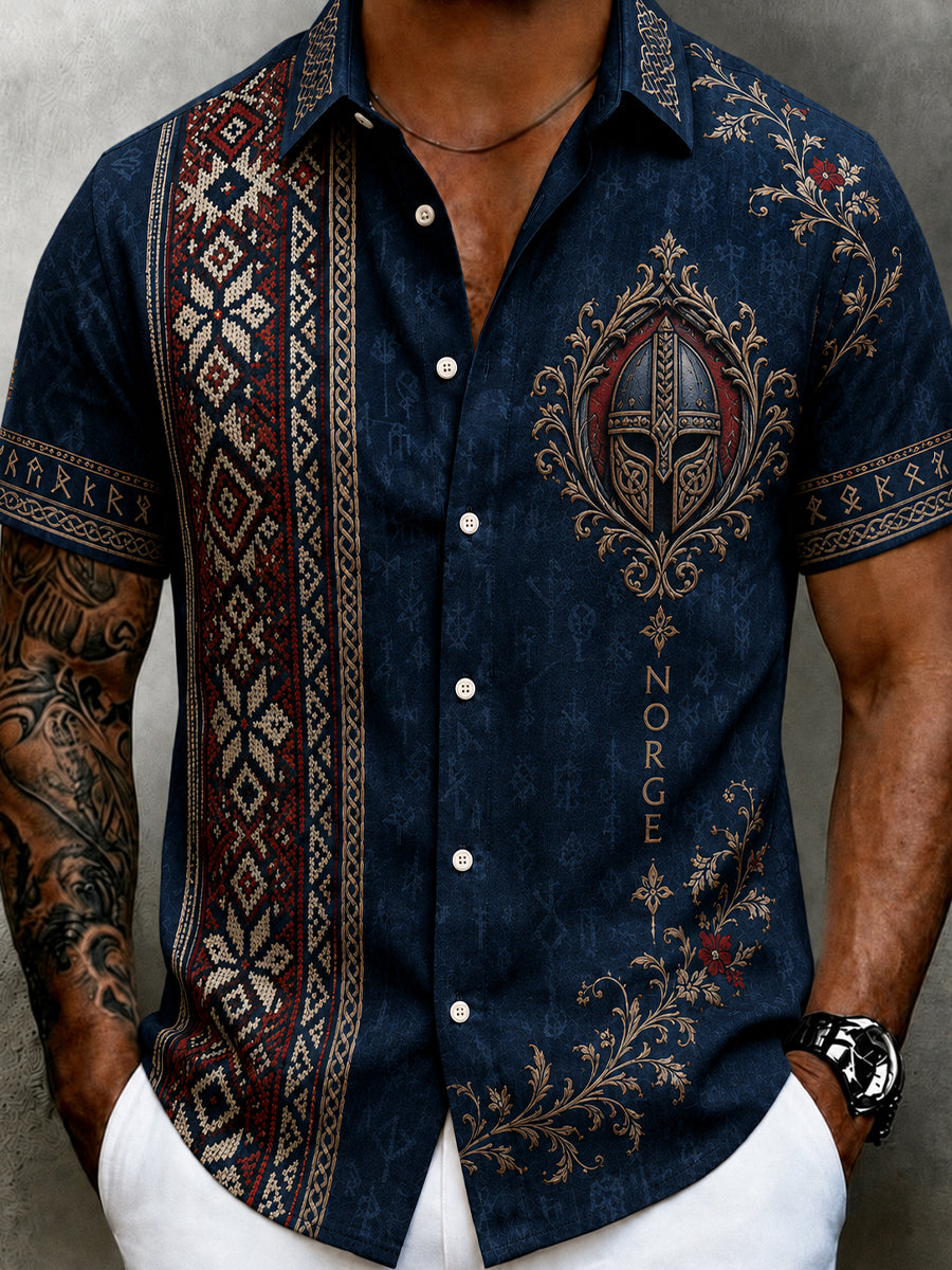 Men's retro Nordic style cultural blouse with Norwegian art print, made of cotton and linen