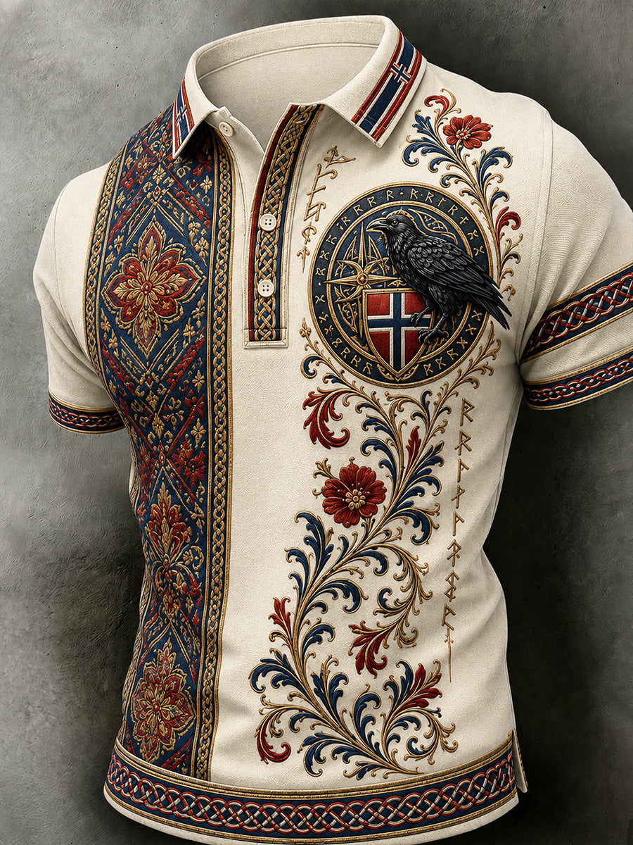 Men's Retro Nordic Style Norwegian Art Print Casual Polo Shirt