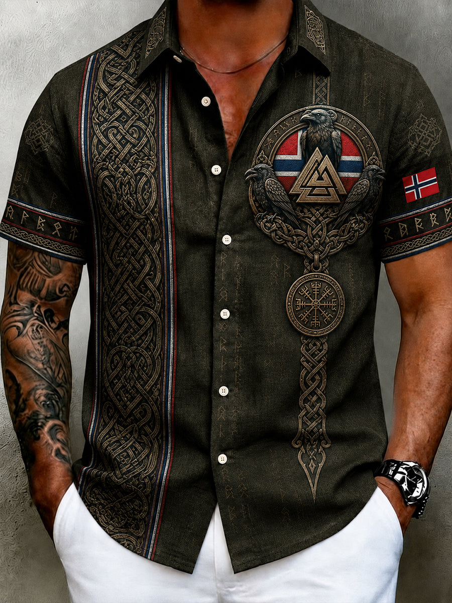 Men's retro Nordic style cultural blouse with Norwegian art print, made of cotton and linen