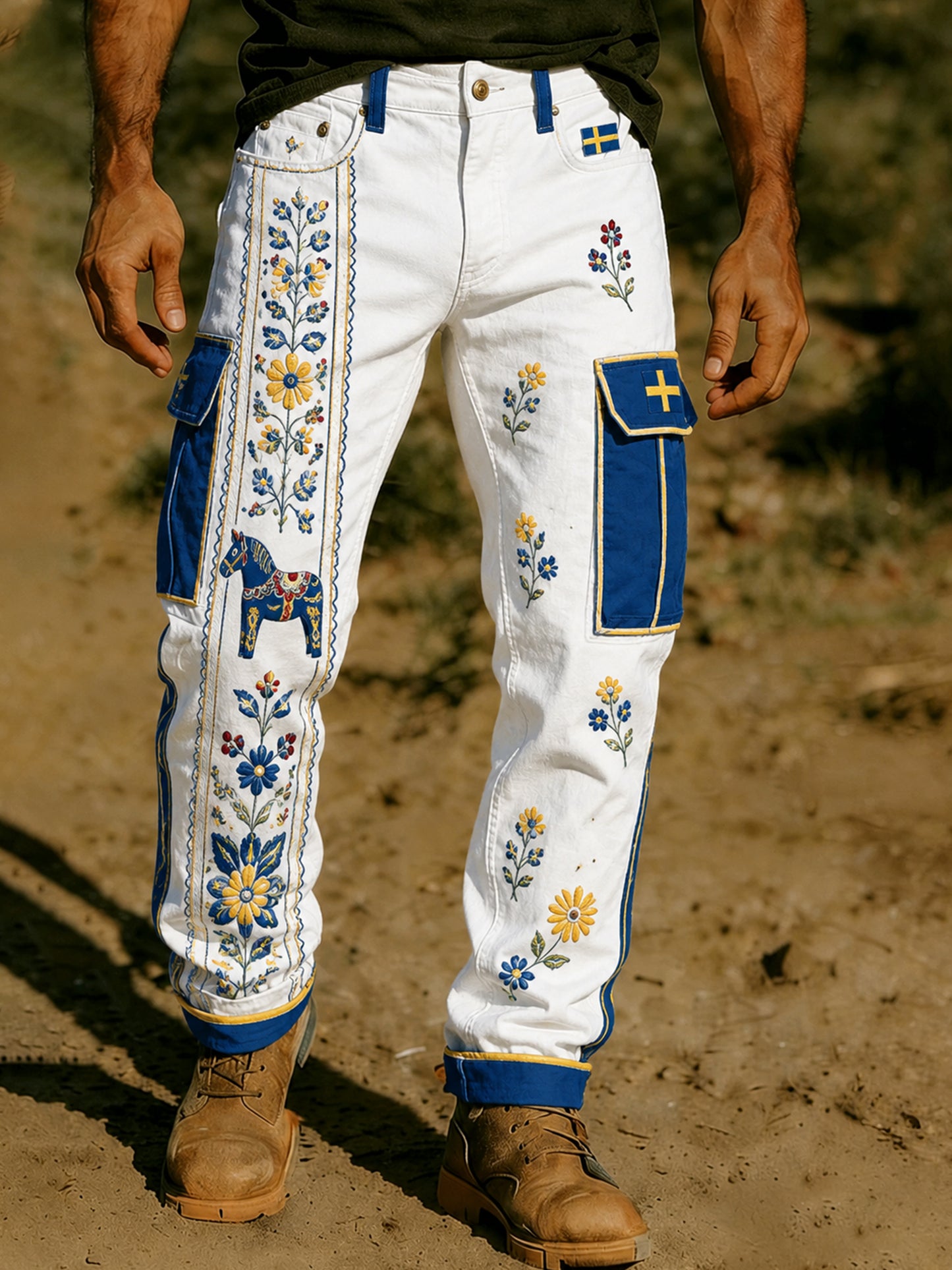 Men's clothes – art prints for the Midsummer party, work trousers
