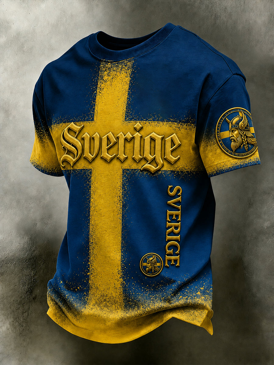 Retro Swedish national football team flag with emblem and Viking-style short-sleeved T-shirt