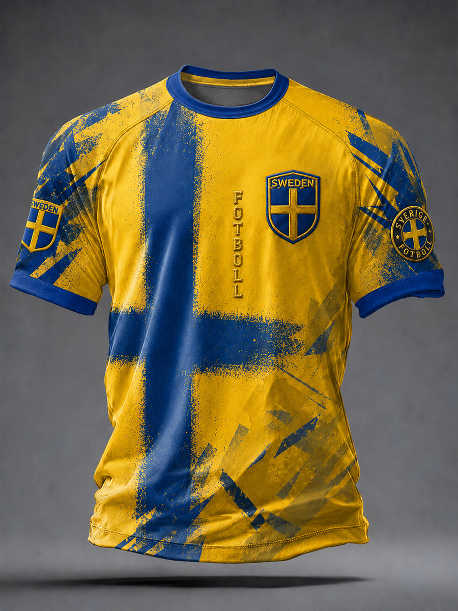 Retro Swedish national football team flag with emblem and Viking-style short-sleeved T-shirt