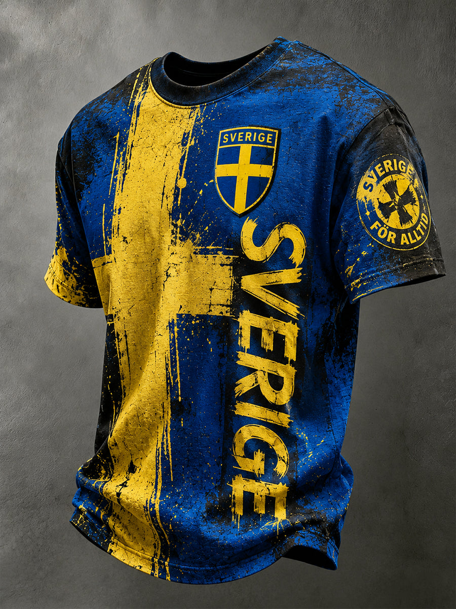 Retro Swedish national football team flag with emblem and Viking-style short-sleeved T-shirt