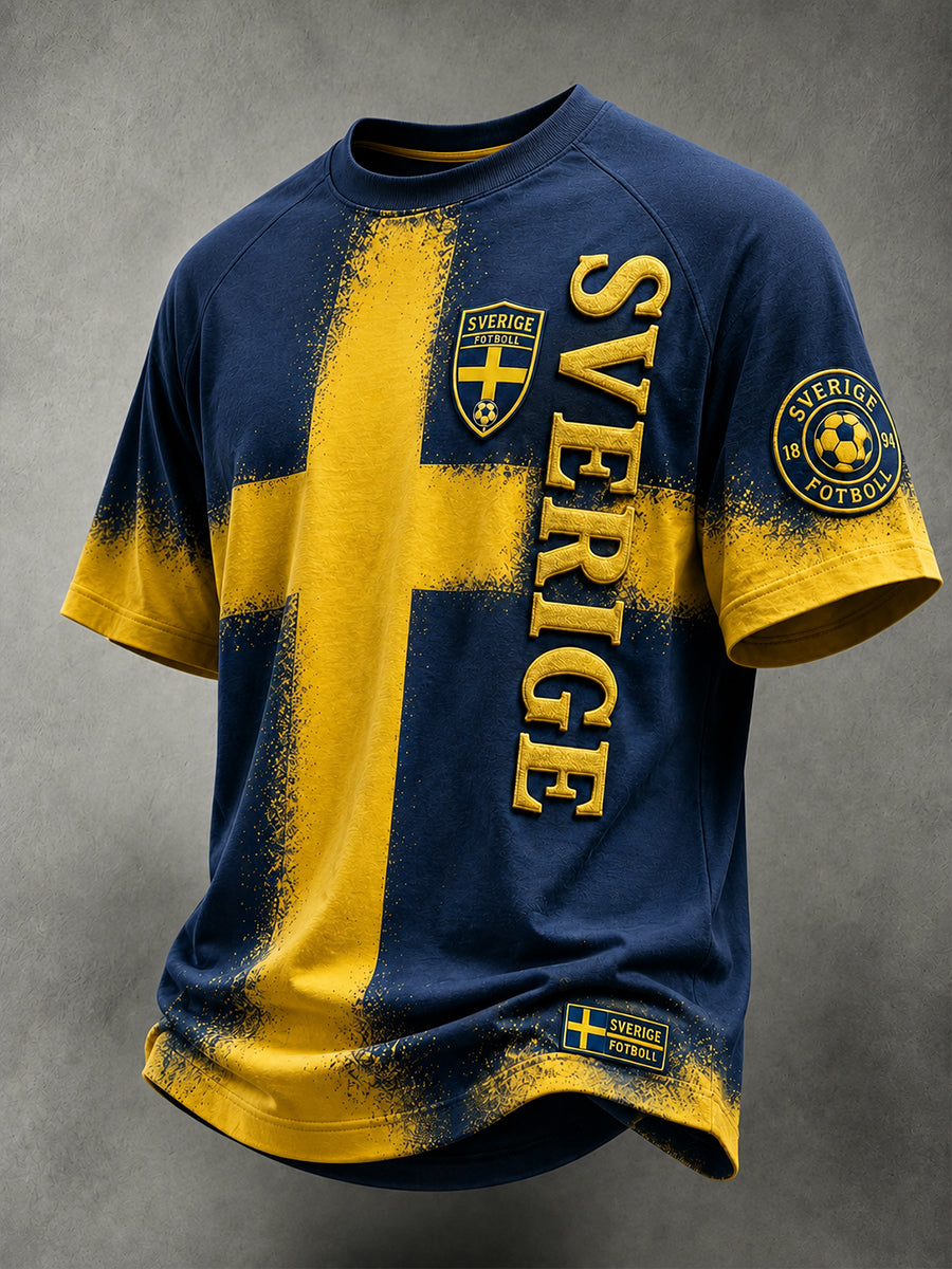 Retro Swedish national football team flag with emblem and Viking-style short-sleeved T-shirt