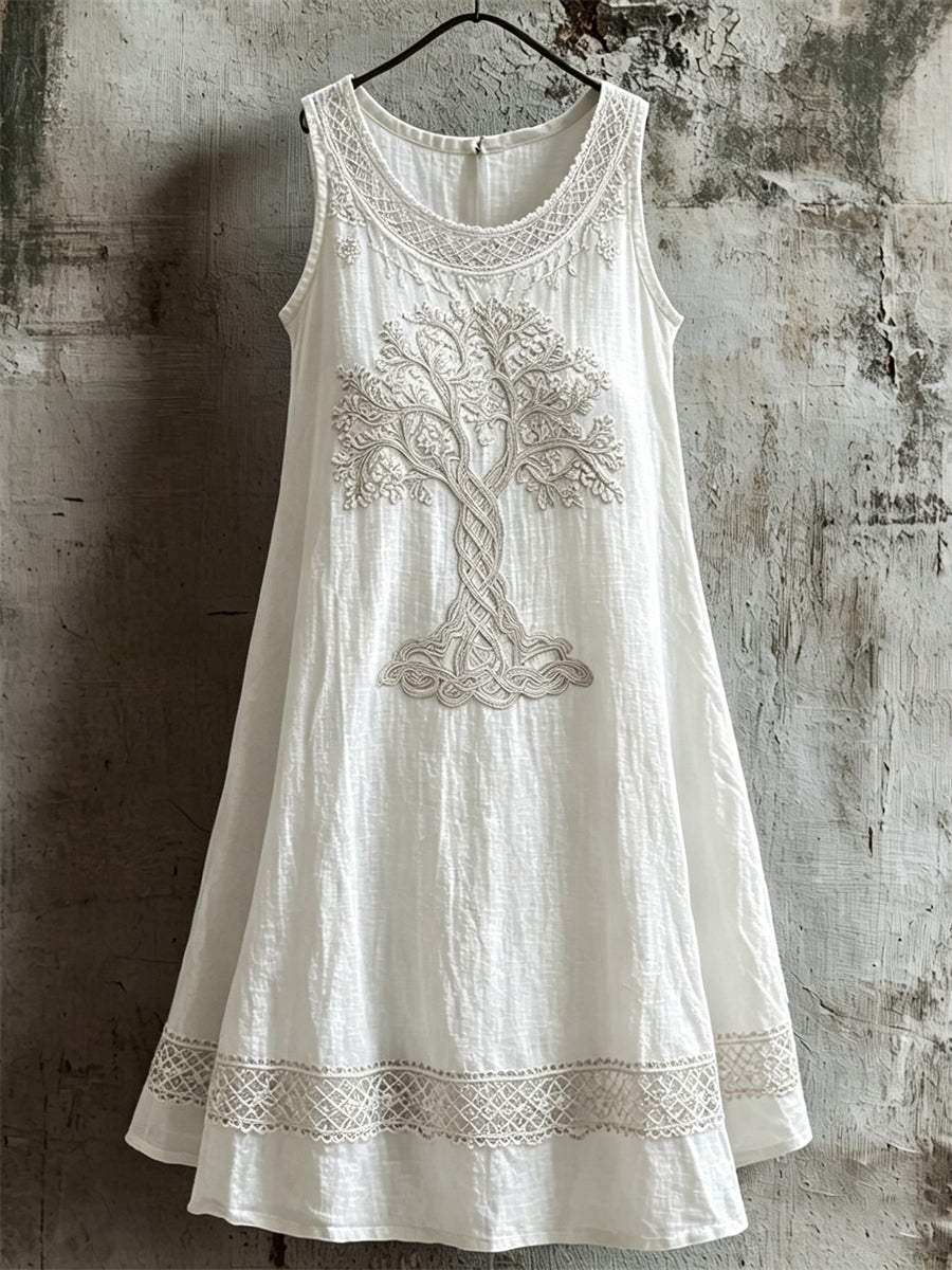Dammen Viking Tree of Life Celtic Print Linen Dress