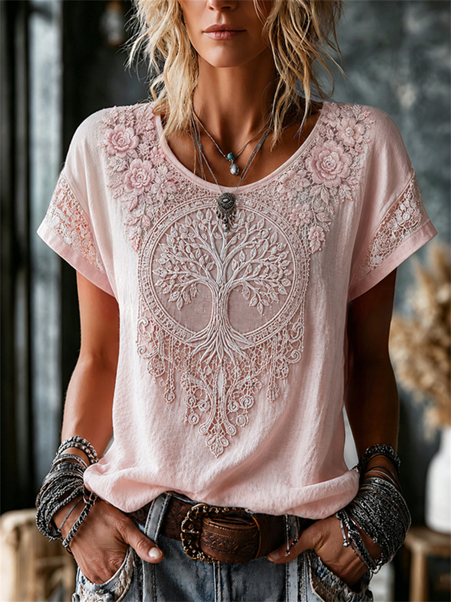 Women's Viking Tree of Life Floral Lace Print Short Sleeve Linen T-Shirt