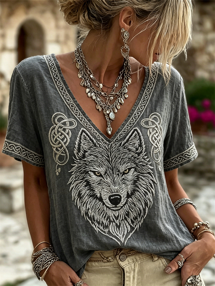 Dam's Viking Wolf Fenrir Celtic Knot Print Linen T-Shirt