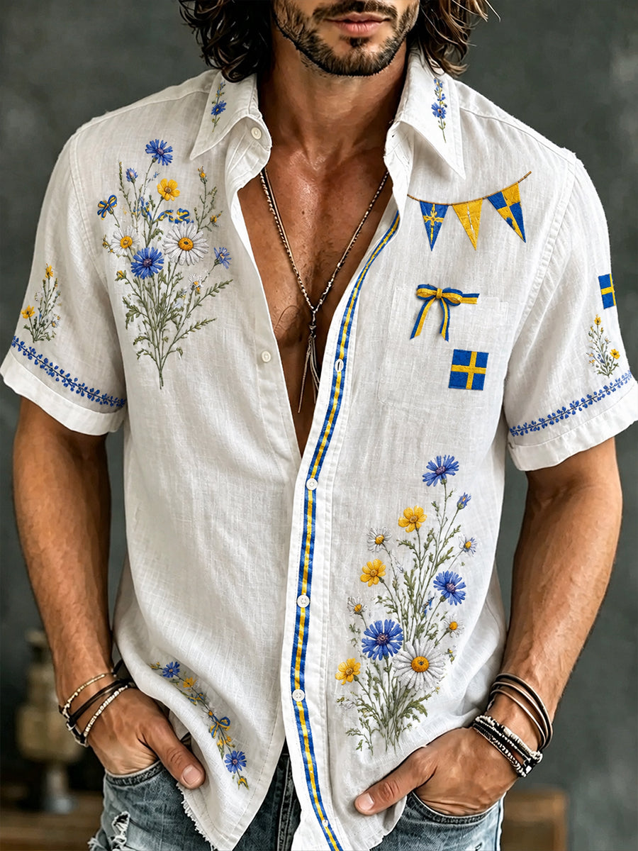 Men's short-sleeved shirt with National Day theme