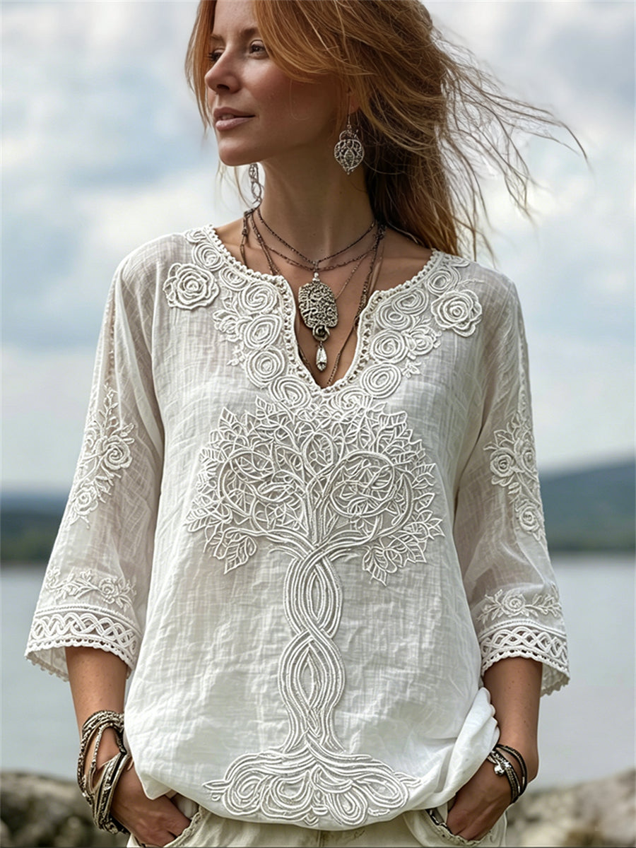 Women's shirt in classic Viking style with a Tree of Life and white rose print, in cotton-linen