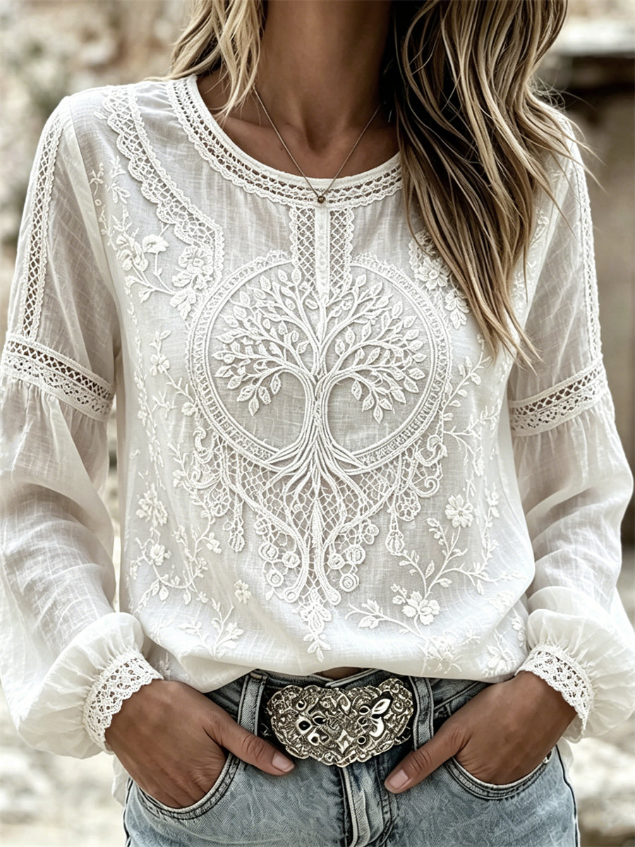Women's cotton-linen shirt with Viking Tree of Life and elegant floral pattern