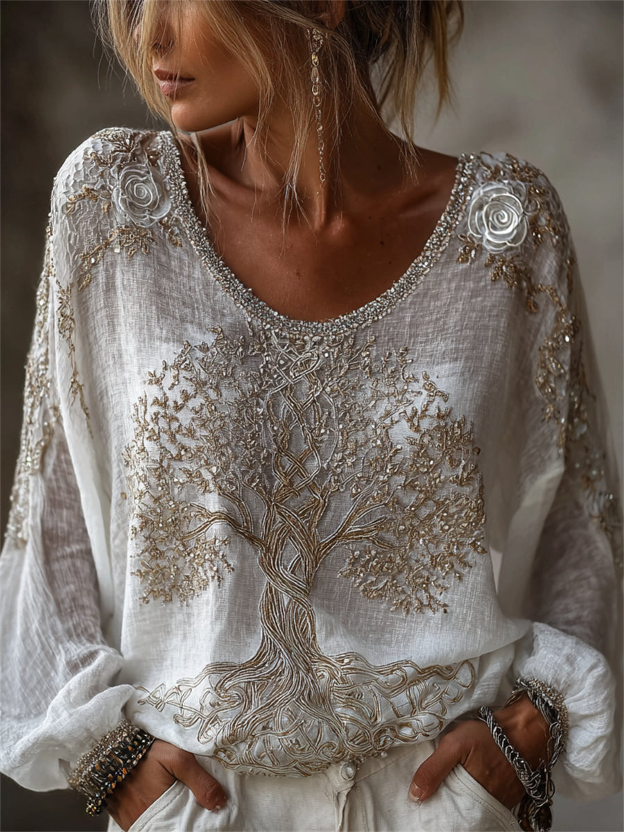 Women's shirt in classic Celtic Viking style with a Tree of Life and white rose motif, in cotton-linen