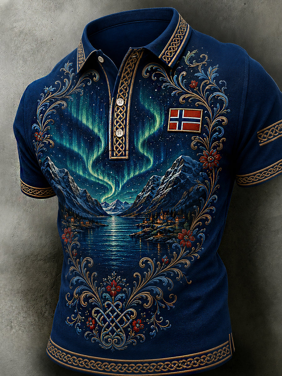 Men's Nordic Style Retro Polo Shirt with Norwegian Art Print