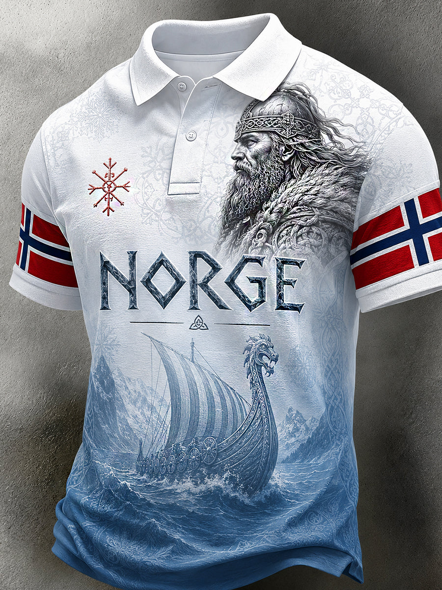 Menns retro poloskjorte i nordisk stil med norsk kunsttrykk