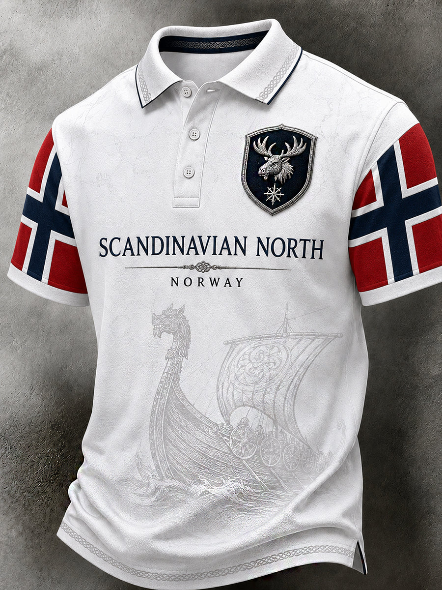 Men's Nordic Style Retro Polo Shirt with Norwegian Art Print