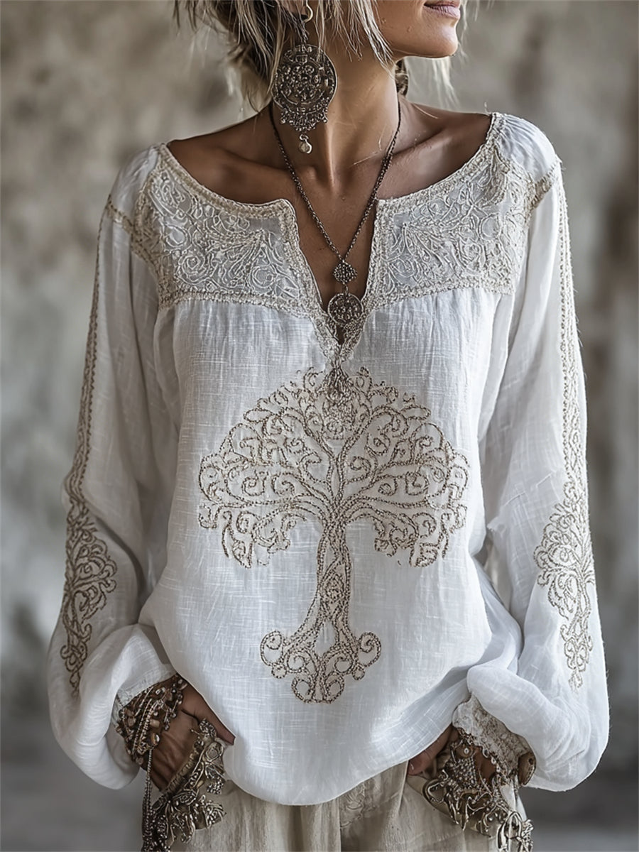 Vintage women's blouse with Tree of Life print, notch neck, and in cotton-linen